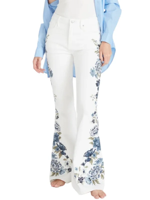 Farrah Flare Jeans In White Bluebell Fleur Women's Casual Apparel