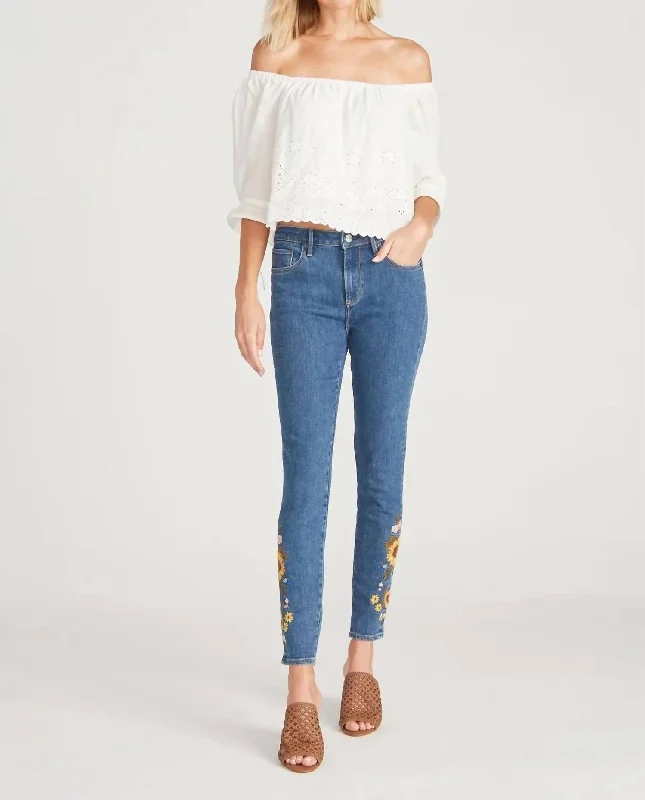 Jackie High Rise Skinny Jean Falling Sunflowers In Medium Wash Denim Women's Cozy Winter Attire