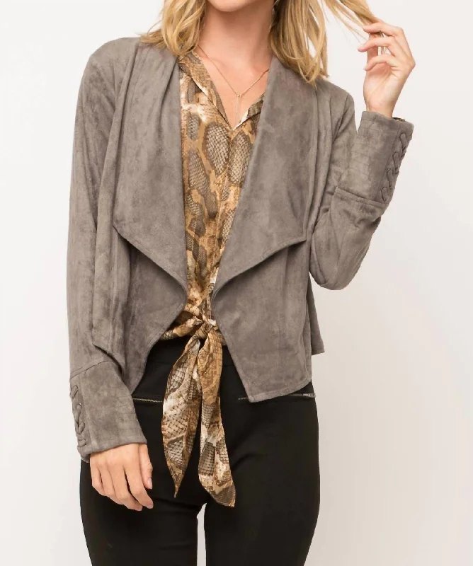 Faux Suede Draped Lapel Jacket In Charcoal Women's Clothes for All-Day Comfort and Style