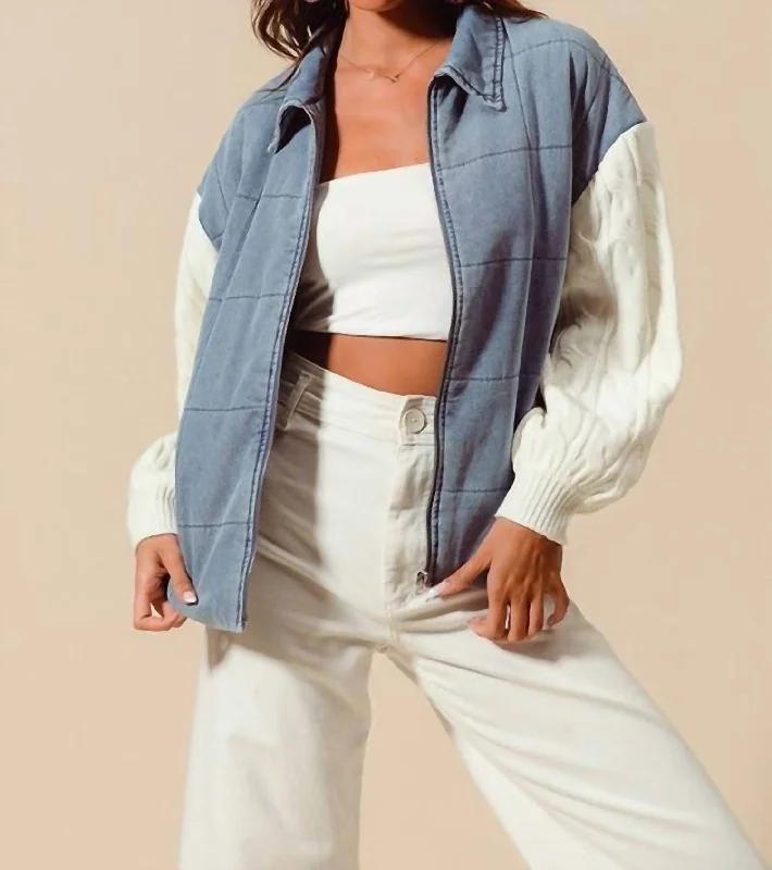 Square Quilted Denim Jacket In Blue/cream Women's Holiday Outfit