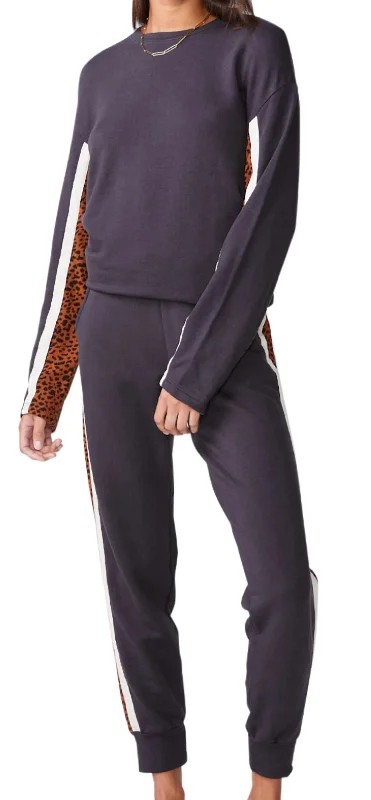 Paneled Mini Leopard Sweatpants In Faded Black Women's Clothing Sets