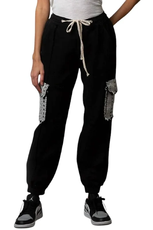 Jogger Denim Pants With Crochet Lace Pocket In Black Women's Work Outfit For The Office