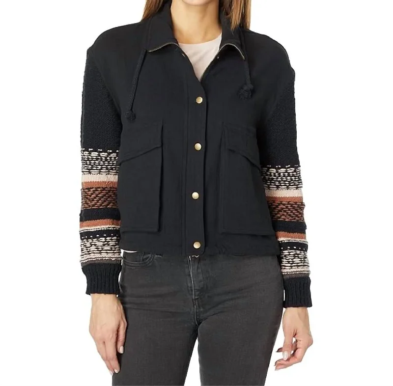 Sweater Sleeve Snap Front Jacket In Black Best Online Women's Boutiques