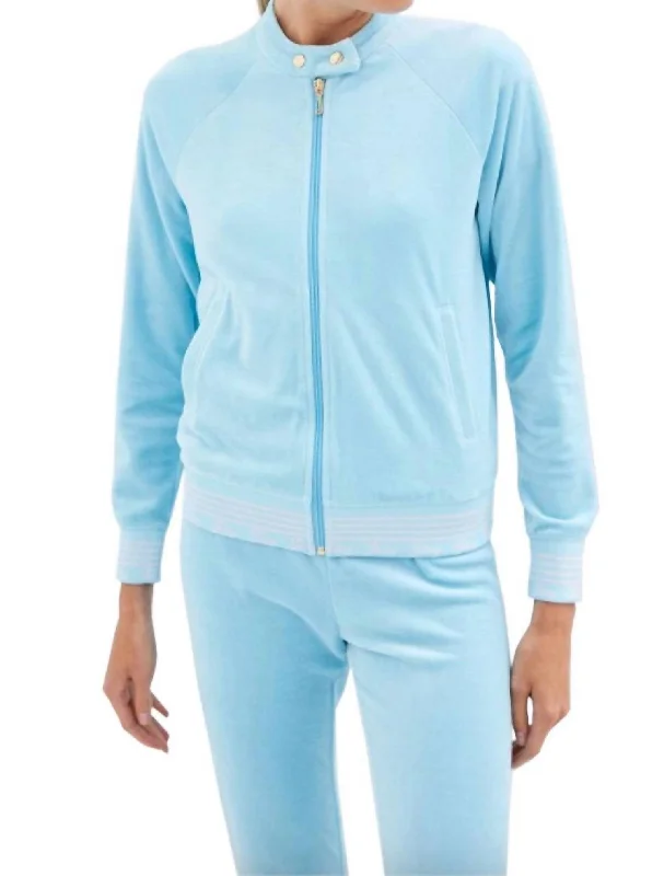 Women Doo Wop Snap Collar Velour Track Jacket L In Light Blue Fashionable Casual Tops