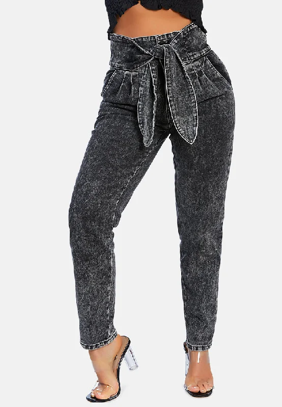 bow together washed denim pants Women's Comfy Loungewear Outfit