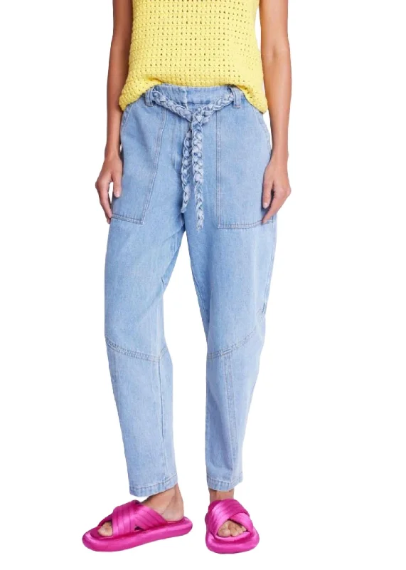 Belted Balloon Cut Jeans In Denim Blue Women's Travel Garments