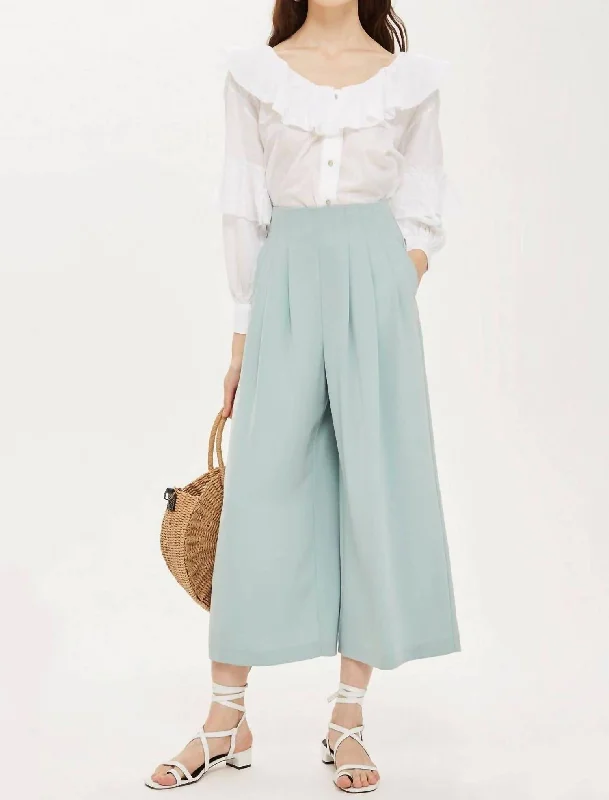 Crepe High Rise Pleated Wide Leg Cropped Pants In Green Best Online Boutiques