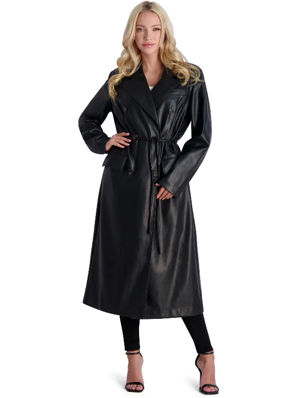 Womens Faux Leather Tie Waist Trench Coat Women's Holiday Attire