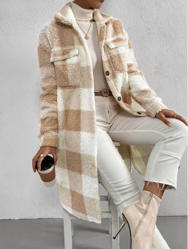 Sherpa Plaid Long Coat In Tan Unique Women's Fashion Pieces