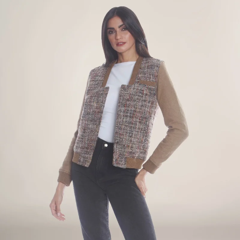 Women's Updated Tweed Varsity Jacket with Contrast Sleeve Women's Casual Attire