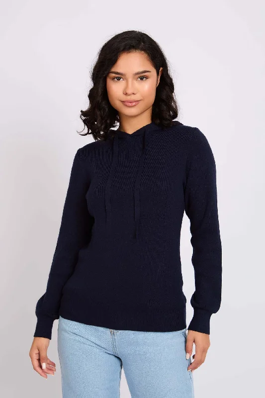 WomenPullover Flat Knit Hoodie Navy New Arrival Discount