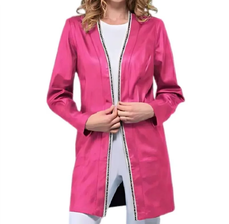 Long Vegan Leather Jacket In Magenta Luxury Women's Clothing