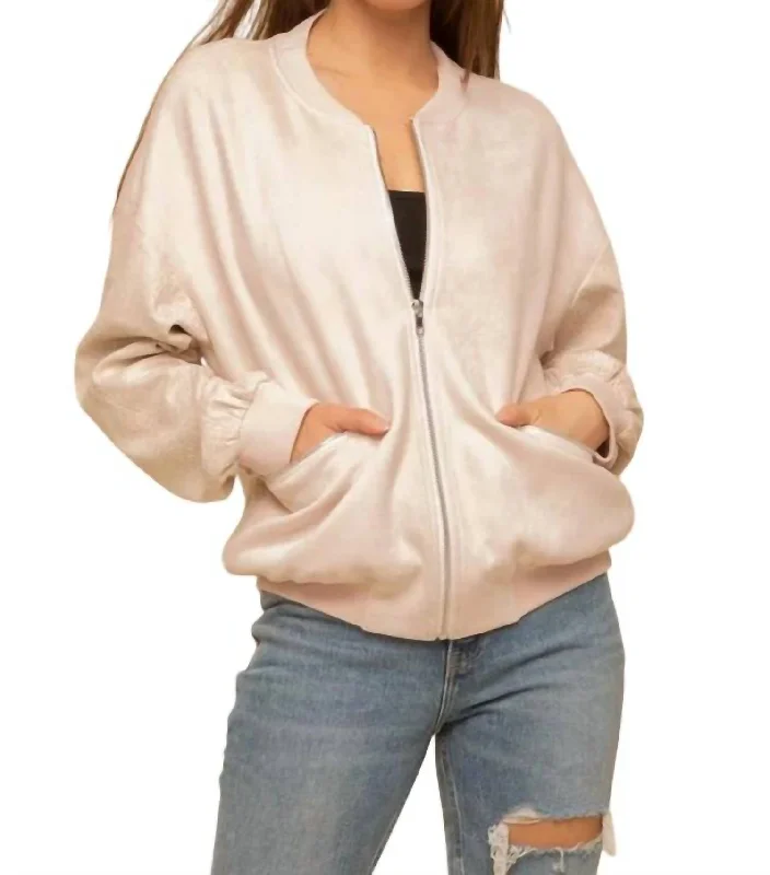 Animal Print Sleeve Bomber Jacket In Cream/blush Classic Women's Clothing Styles