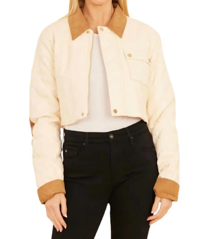 Faux Leather Corduroy Jacket In Cream Women's Trendy Outfit