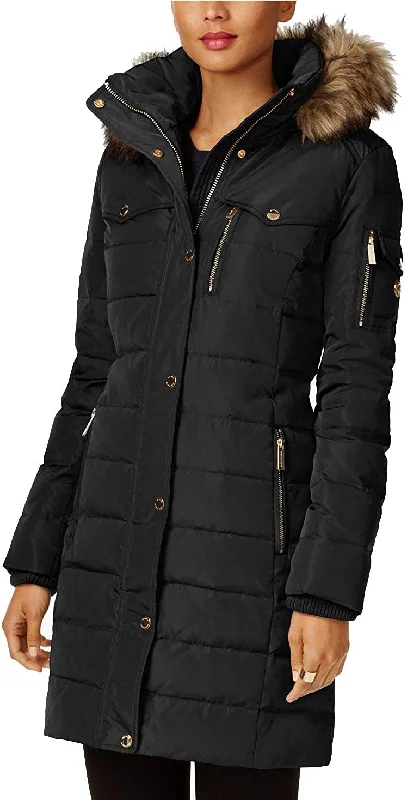 Michael Kors Faux Fur Trim Down Puffer Coat-Black Affordable Women's Attire