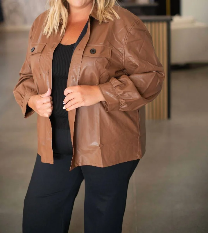 Faux Leather Shacket - Plus In Brown Women Fashion