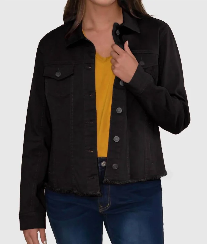 Frayed Denim Jacket In Black Chic Women's Outfit Ideas