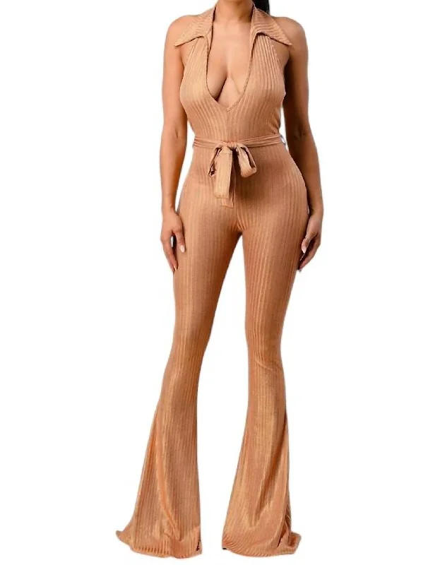 Lurex Rib Deep V-Line Disco Jumpsuit In Gold Women's Chic Outerwear Attire