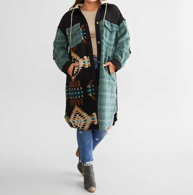 Oversized Aztec Hooded Jacket In Jade Green Women's Occasion Wear Clothing