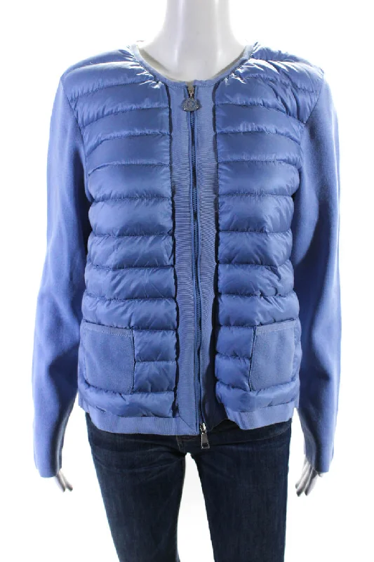 Moncler Womens Down Filled Quilted Zip Up Knit Puffer Maglia Jacket Sweater Blue Women's High-Fashion Outfit