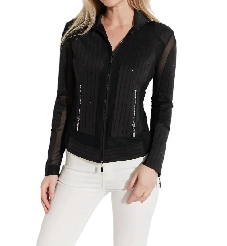 Quilted Zip Jacket With Rhinestones In Black Women's Casual Wear Outfit