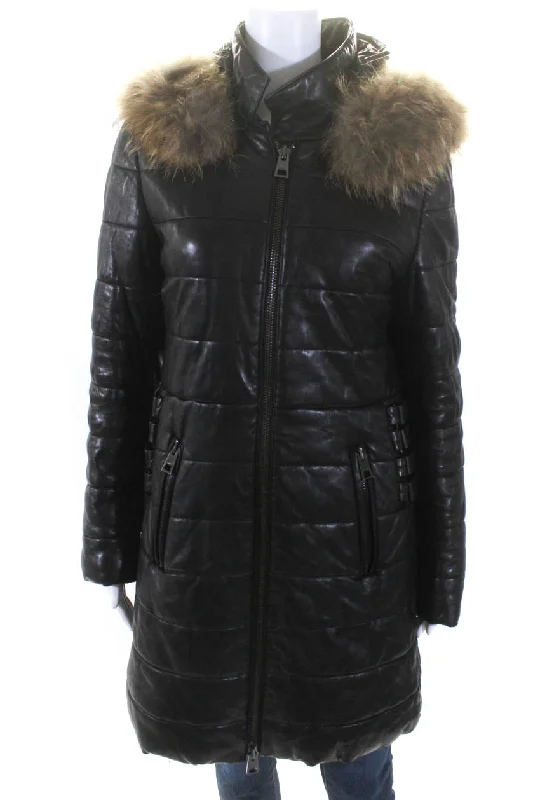 Rizal Womens Zip Up Leather Down Quilted Raccoon Fur Hooded Jacket Black Large Women's Romantic Outfit