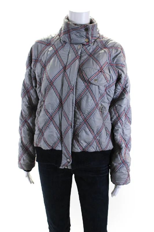 Tanya Taylor Womens Gray Quilted Mock Neck Full Zip Long Sleeve Jacket Women's Work Outfit For The Office