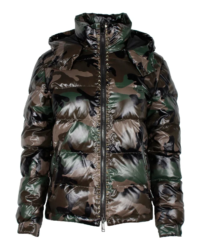 Valentino Studded Camouflage-Print Quilted Shell Hooded Down Jacket in Green Polyamide Women's Night-Out Outfit